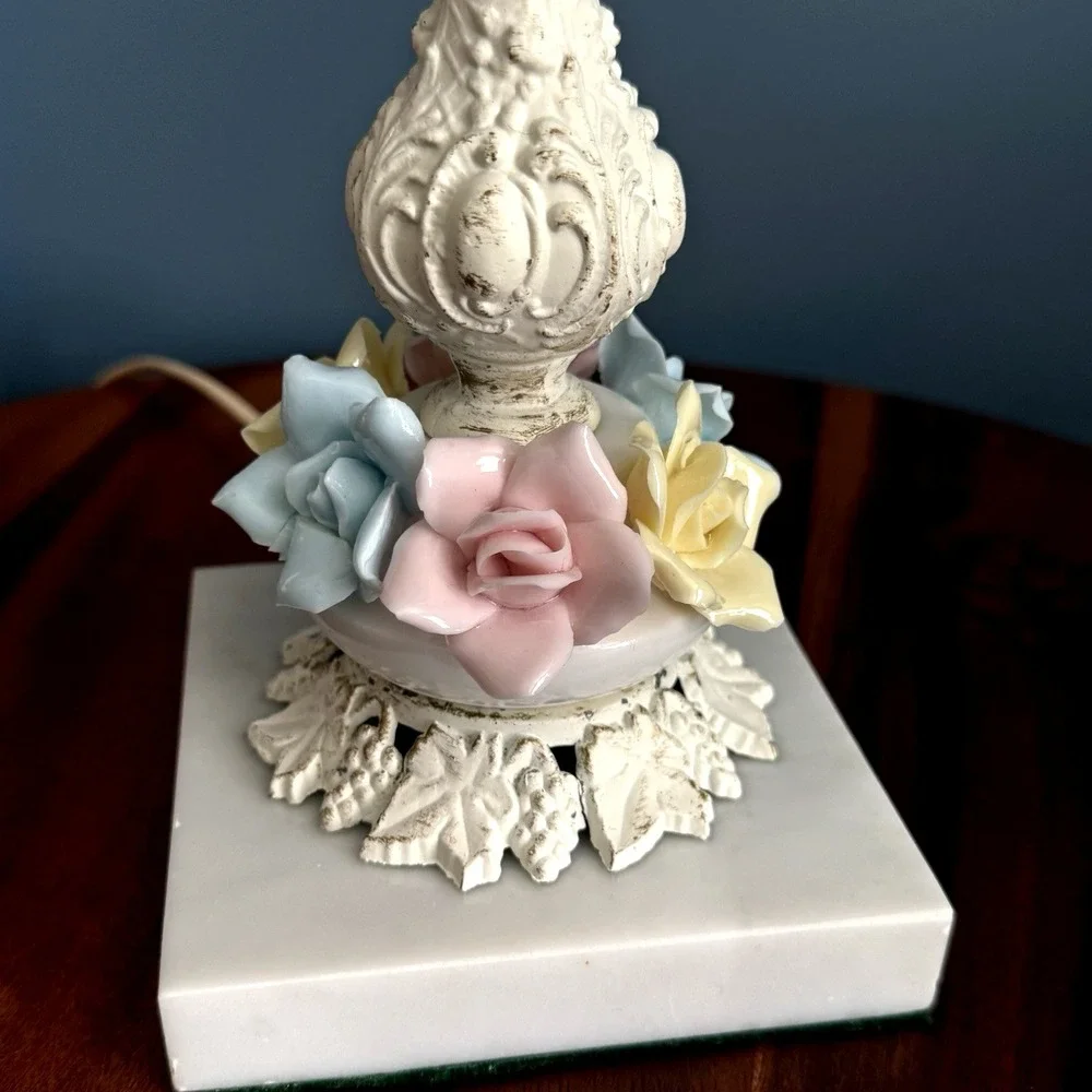 Vintage Floral Lamp Porcelain Roses Marble Base Cast Iron Cottage Shabby Chic